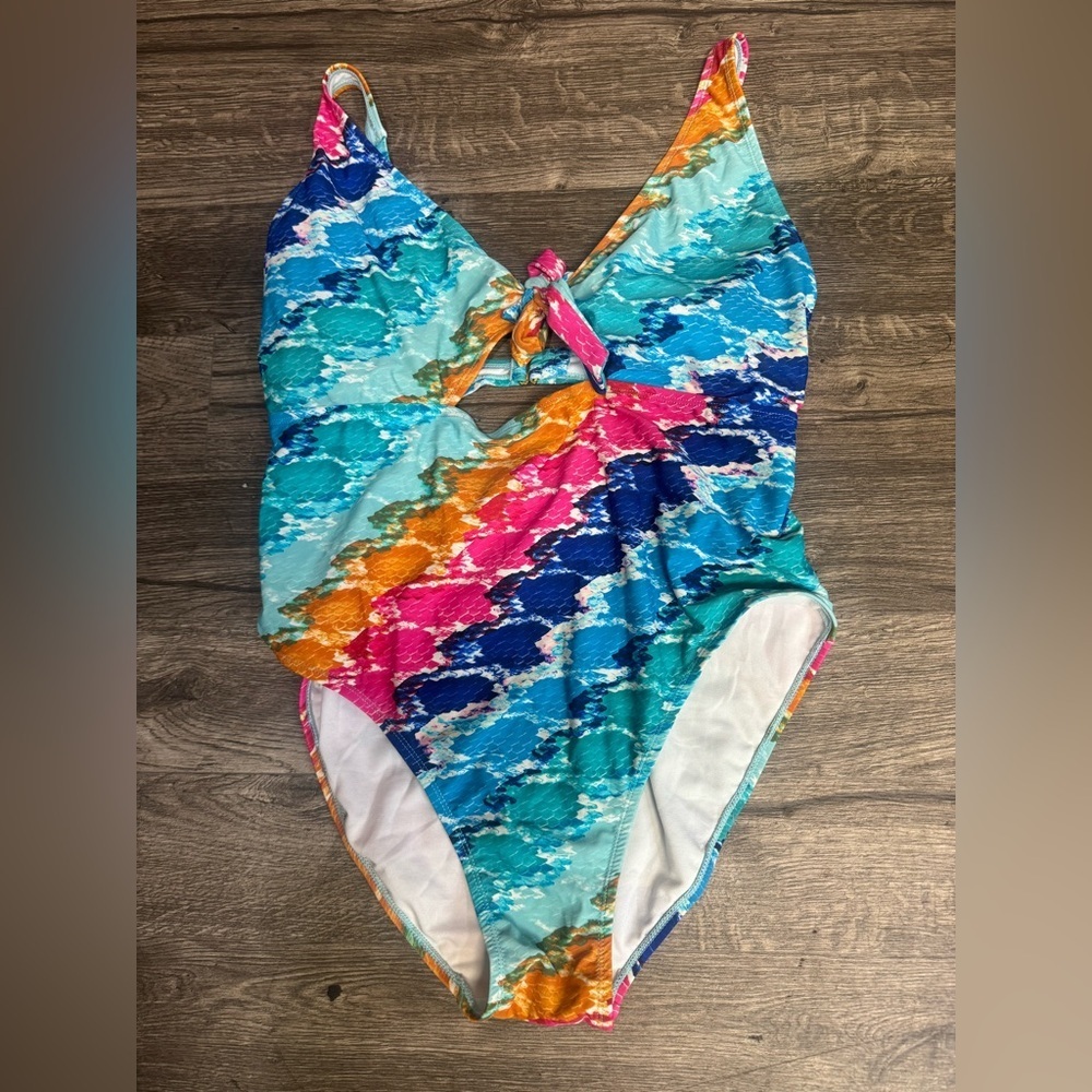Fashion to Figure Blue and Pink One Piece Swimsuit with V-Neck